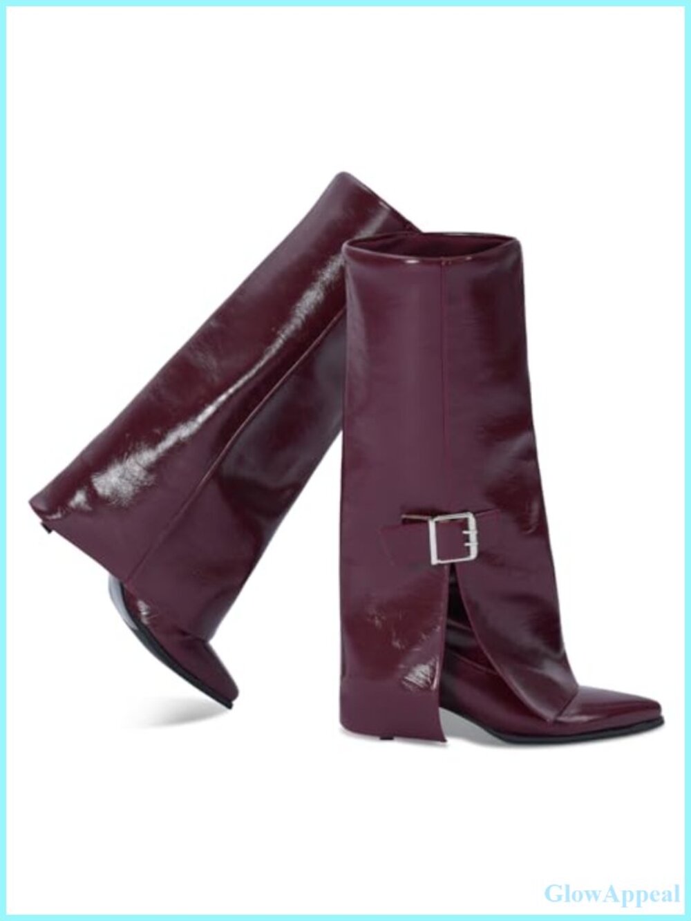 Knee High Fold Over Shark Boots Pointed Toe Kitten Heels Faux Leather